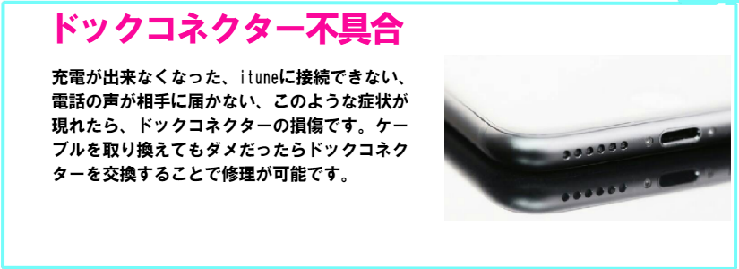 iphoneが充電出来ない、ituneに接続できない、通話の声が相手に届かない場合はコネクターの故障が考えられます。ドックコネクターを取り換えることで修理出来ます。